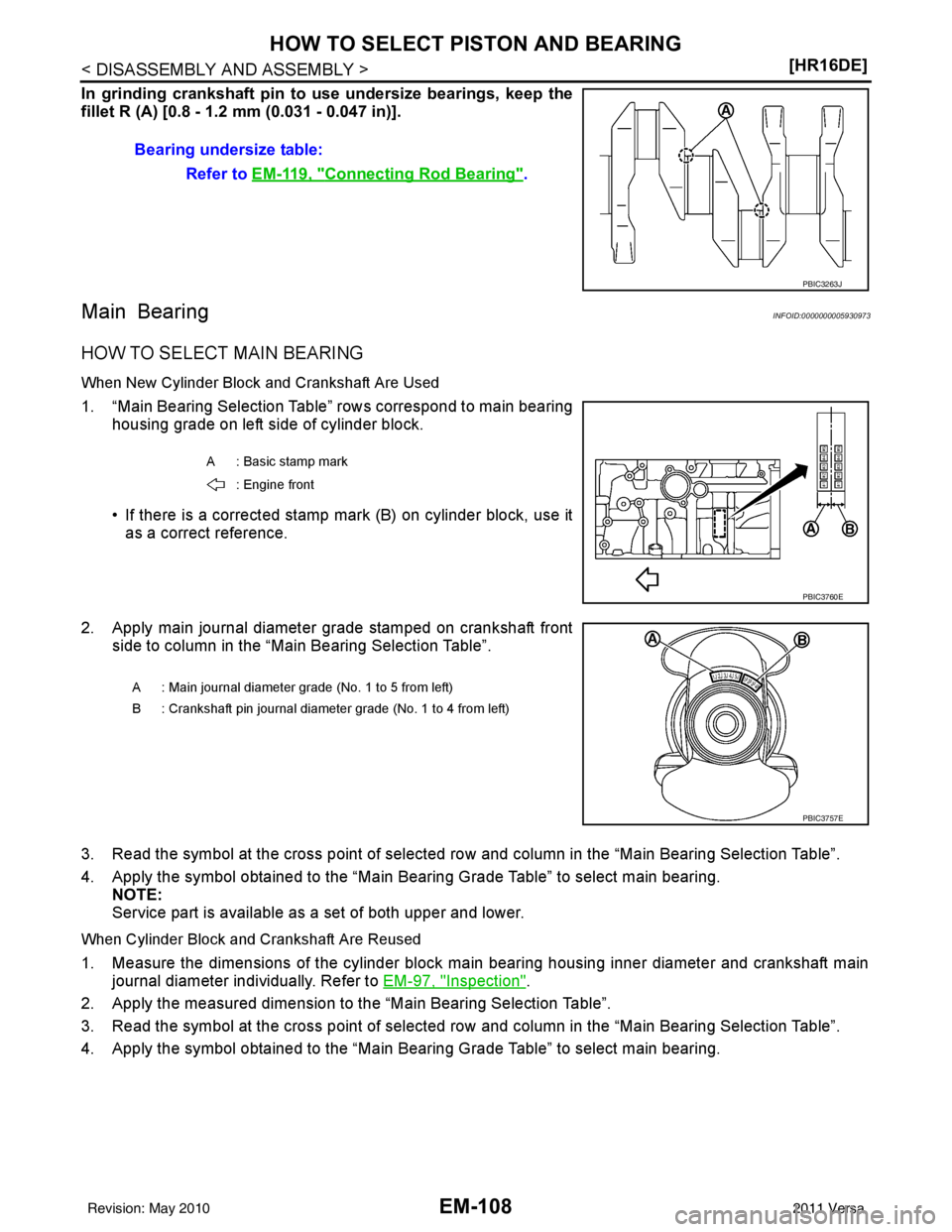 NISSAN TIIDA 2011  Service Repair Manual EM-108
< DISASSEMBLY AND ASSEMBLY >[HR16DE]
HOW TO SELECT PISTON AND BEARING
In grinding crankshaft pin to u
se undersize bearings, keep the
fillet R (A) [0.8 - 1.2 mm (0.031 - 0.047 in)].
Main Bearin