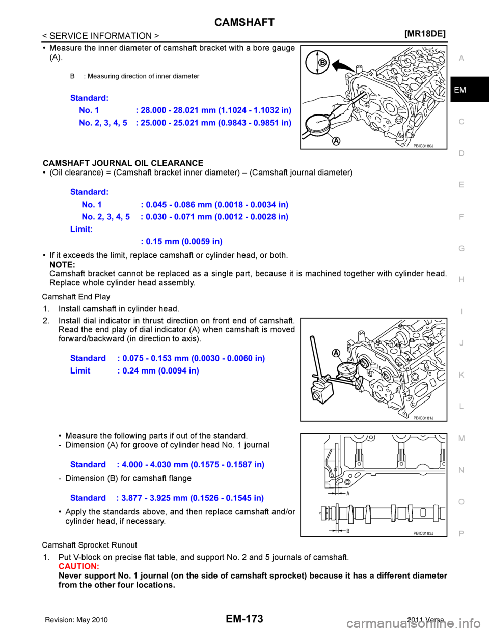 NISSAN TIIDA 2011  Service Repair Manual CAMSHAFTEM-173
< SERVICE INFORMATION > [MR18DE]
C
D
E
F
G H
I
J
K L
M A
EM
NP
O
• Measure the inner diameter of camshaft bracket with a bore gauge
(A).
CAMSHAFT JOURNAL OIL CLEARANCE
• (Oil cleara