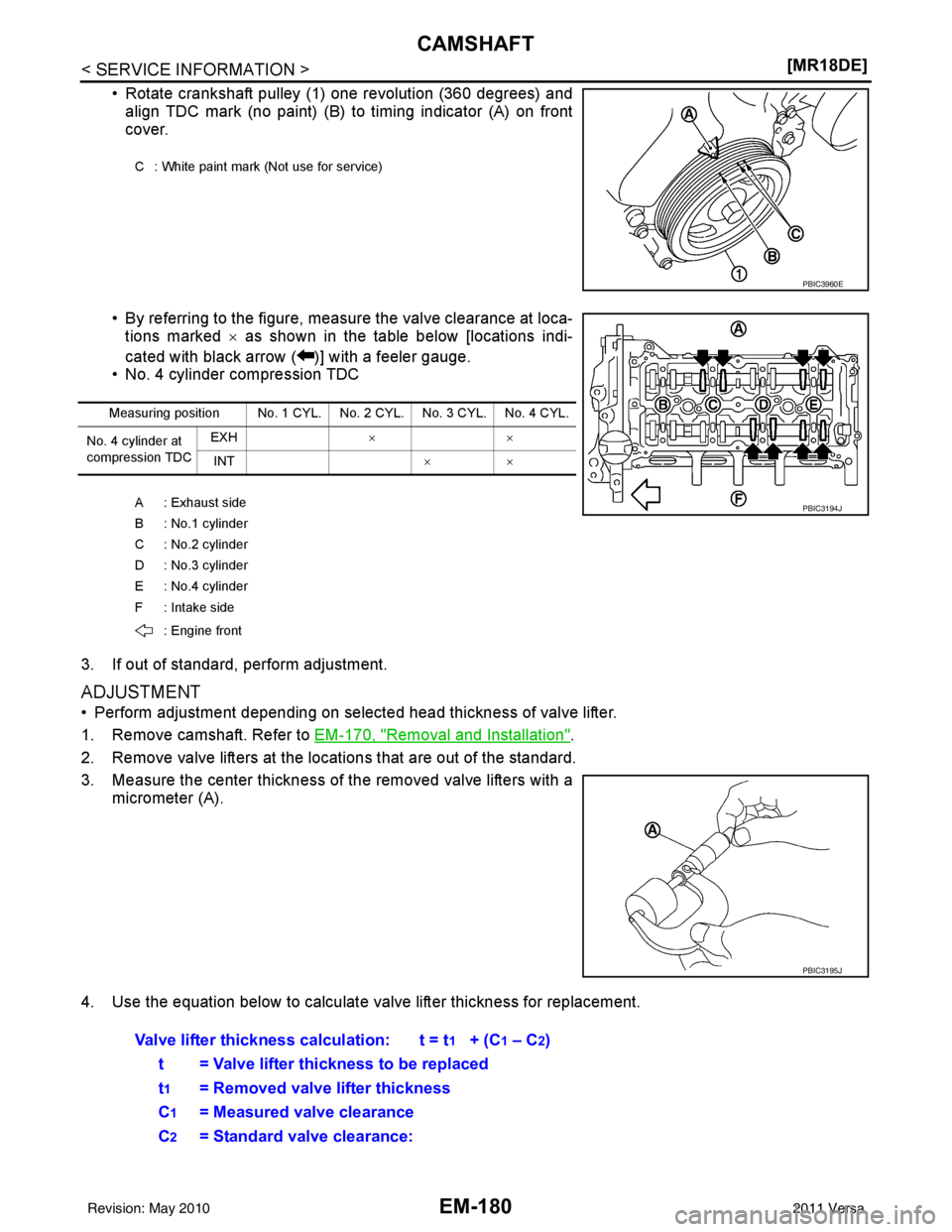 NISSAN TIIDA 2011  Service Repair Manual EM-180
< SERVICE INFORMATION >[MR18DE]
CAMSHAFT
• Rotate crankshaft pulley (1) one revolution (360 degrees) and
align TDC mark (no paint) (B) to timing indicator (A) on front
cover. 
• By referrin