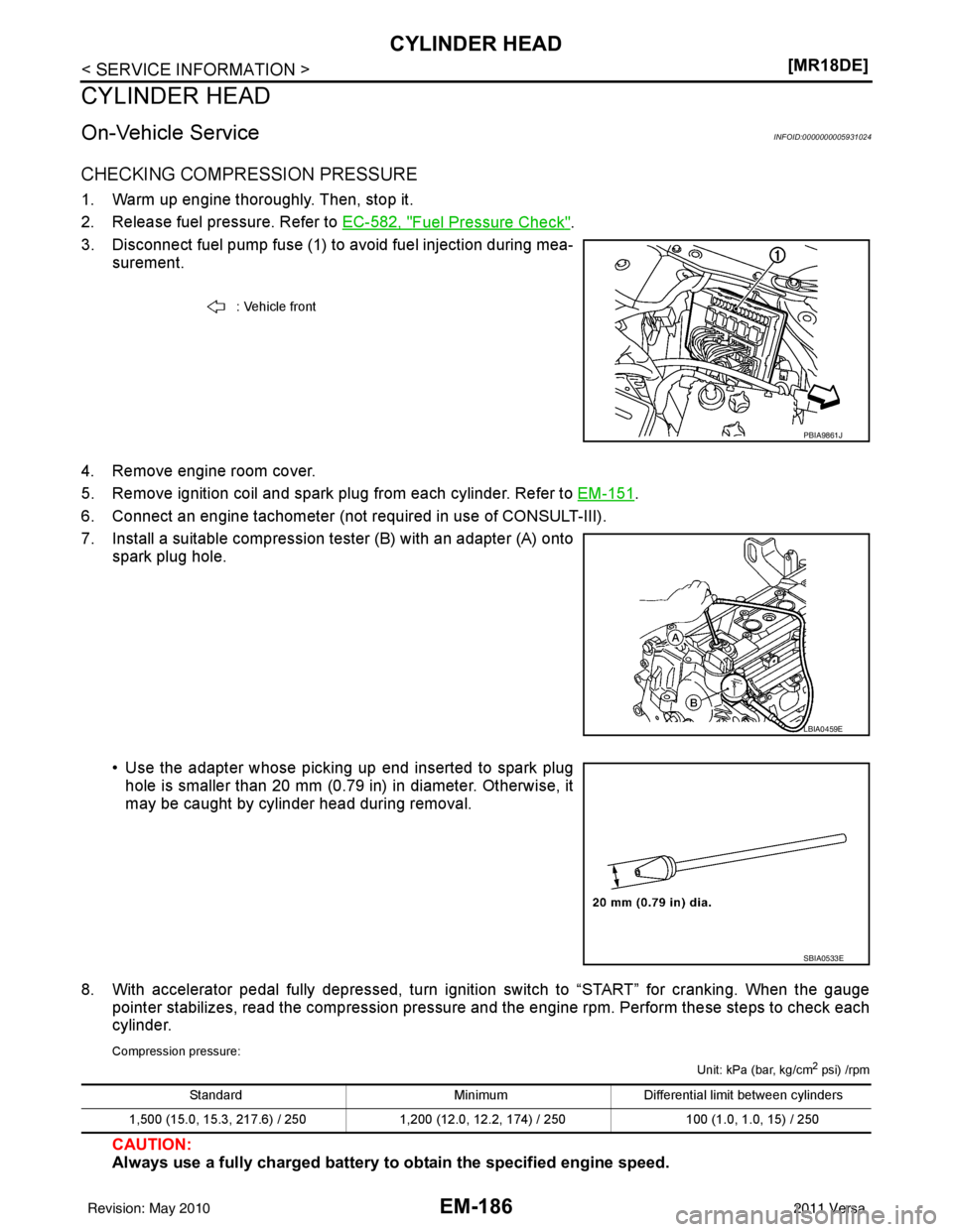 NISSAN TIIDA 2011  Service Repair Manual EM-186
< SERVICE INFORMATION >[MR18DE]
CYLINDER HEAD
CYLINDER HEAD
On-Vehicle ServiceINFOID:0000000005931024
CHECKING COMPRESSION PRESSURE
1. Warm up engine thoroughly. Then, stop it.
2. Release fuel 