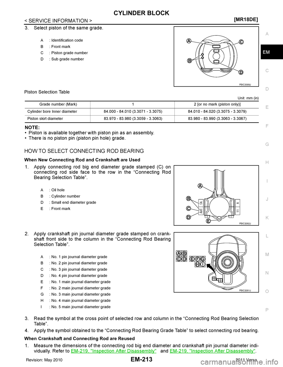 NISSAN TIIDA 2011  Service Repair Manual CYLINDER BLOCKEM-213
< SERVICE INFORMATION > [MR18DE]
C
D
E
F
G H
I
J
K L
M A
EM
NP
O
3. Select piston of the same grade.
Piston Selection Table
Unit: mm (in)
NOTE:
• Piston is available together wi