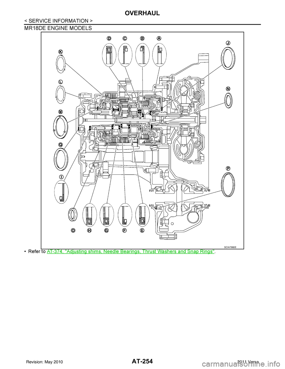 NISSAN TIIDA 2011  Service Repair Manual AT-254
< SERVICE INFORMATION >
OVERHAUL
MR18DE ENGINE MODELS
• Refer to AT-374, "Adjusting shims, Needle Bearings, Thrust Washers and Snap Rings".
SCIA7960E
Revision: May 2010 2011 Versa 