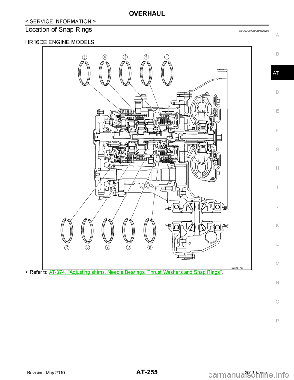 NISSAN TIIDA 2011  Service Repair Manual OVERHAULAT-255
< SERVICE INFORMATION >
DE
F
G H
I
J
K L
M A
B
AT
N
O P
Location of Snap RingsINFOID:0000000005928288
HR16DE ENGINE MODELS
• Refer to  AT-374, "Adjusting shims, Needle Bearings, Thrus
