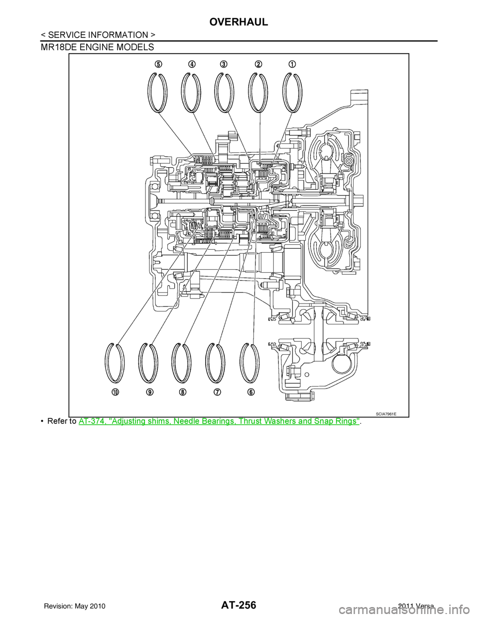 NISSAN TIIDA 2011  Service Repair Manual AT-256
< SERVICE INFORMATION >
OVERHAUL
MR18DE ENGINE MODELS
• Refer to AT-374, "Adjusting shims, Needle Bearings, Thrust Washers and Snap Rings".
SCIA7961E
Revision: May 2010 2011 Versa 