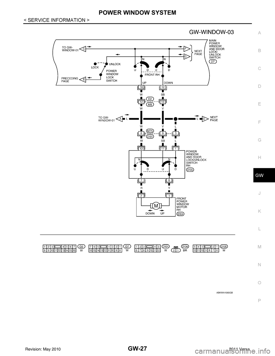 NISSAN TIIDA 2011  Service Repair Manual POWER WINDOW SYSTEMGW-27
< SERVICE INFORMATION >
C
DE
F
G H
J
K L
M A
B
GW
N
O P
ABKWA1065GB
Revision: May 2010 2011 Versa 