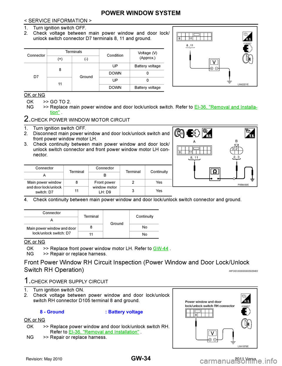 NISSAN TIIDA 2011 Service Repair Manual GW-34
< SERVICE INFORMATION >
POWER WINDOW SYSTEM
1. Turn ignition switch OFF.
2. Check voltage between main power window and door lock/unlock switch connector D7 terminals 8, 11 and ground.
OK or NG
NISSAN TIIDA 2011 Service Repair Manual GW-34
< SERVICE INFORMATION >
POWER WINDOW SYSTEM
1. Turn ignition switch OFF.
2. Check voltage between main power window and door lock/unlock switch connector D7 terminals 8, 11 and ground.
OK or NG