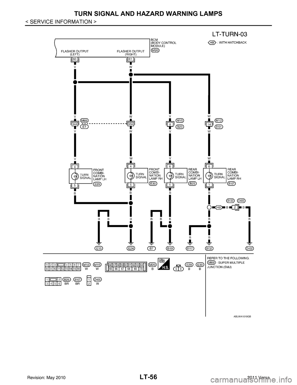 NISSAN TIIDA 2011  Service Repair Manual LT-56
< SERVICE INFORMATION >
TURN SIGNAL AND HAZARD WARNING LAMPS
ABLWA1019GB
Revision: May 20102011 Versa 