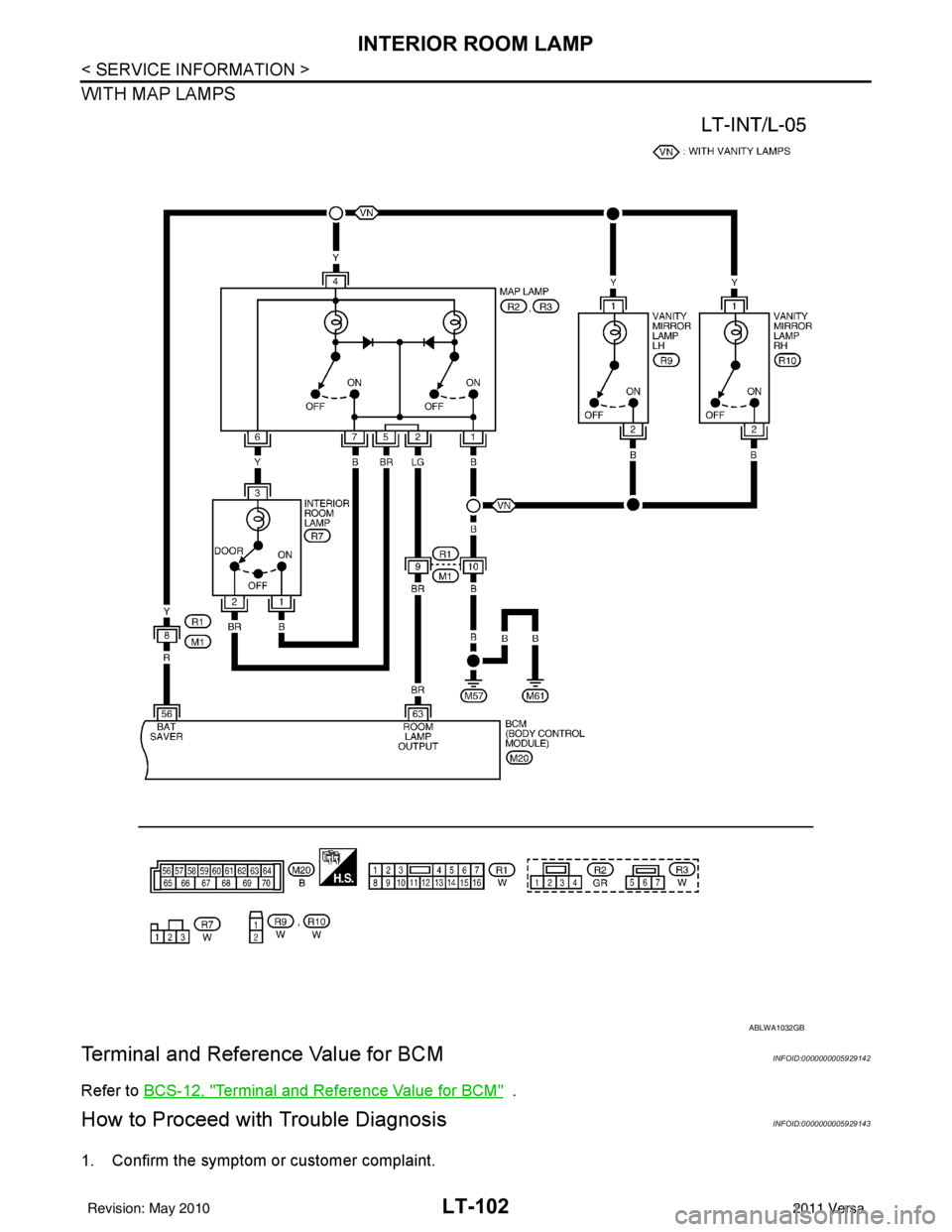 NISSAN TIIDA 2011  Service Repair Manual LT-102
< SERVICE INFORMATION >
INTERIOR ROOM LAMP
WITH MAP LAMPS
Terminal and Reference Value for BCMINFOID:0000000005929142
Refer to BCS-12, "Terminal and Reference Value for BCM"  . 
How to Proceed 