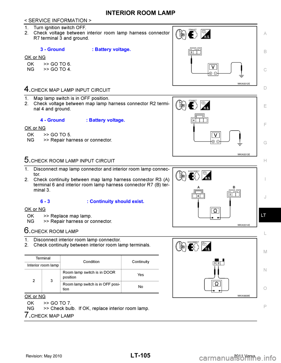 NISSAN TIIDA 2011 Service Repair Manual INTERIOR ROOM LAMPLT-105
< SERVICE INFORMATION >
C
DE
F
G H
I
J
L
M A
B
LT
N
O P
1. Turn ignition switch OFF.
2. Check voltage between interior room lamp harness connector R7 terminal 3 and ground.
OK NISSAN TIIDA 2011 Service Repair Manual INTERIOR ROOM LAMPLT-105
< SERVICE INFORMATION >
C
DE
F
G H
I
J
L
M A
B
LT
N
O P
1. Turn ignition switch OFF.
2. Check voltage between interior room lamp harness connector R7 terminal 3 and ground.
OK