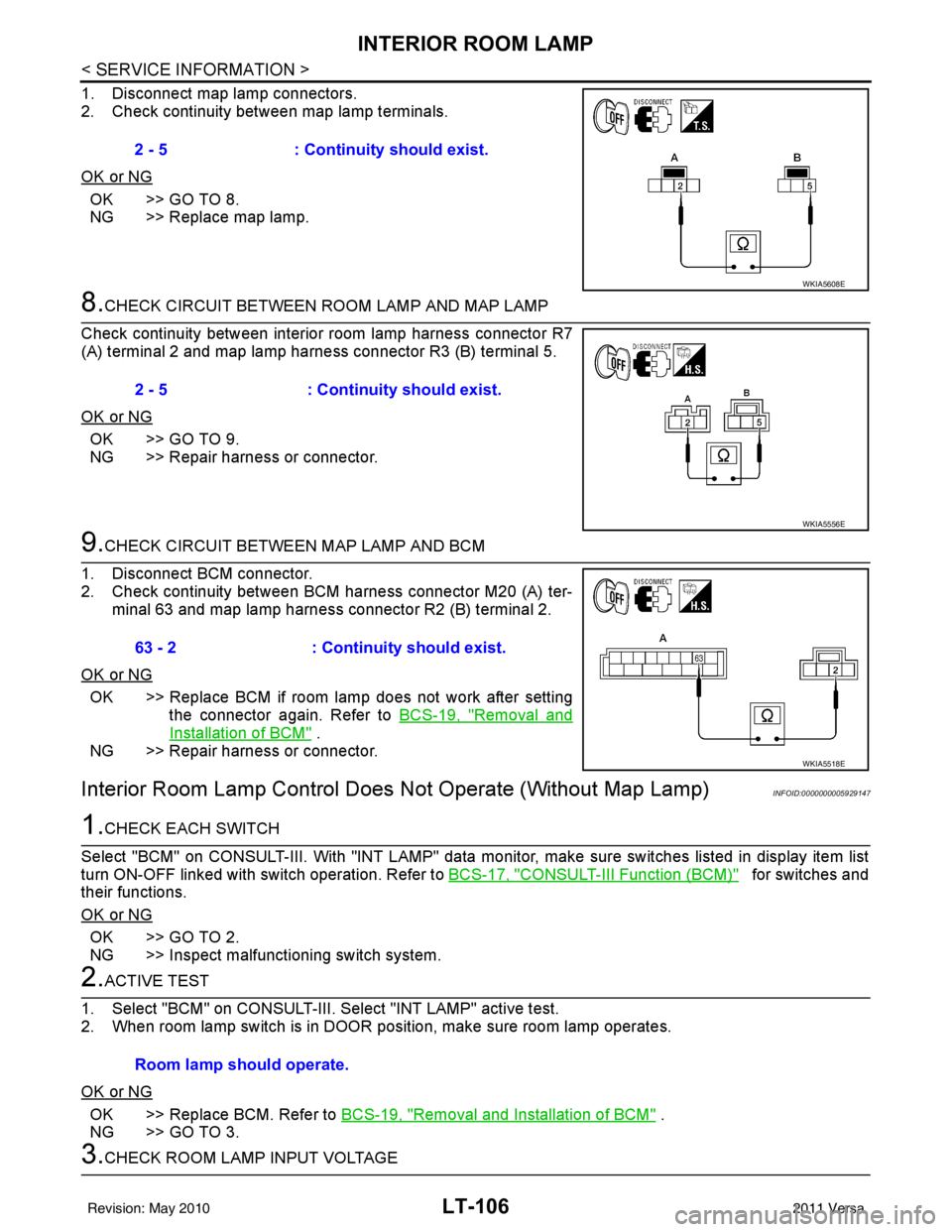 NISSAN TIIDA 2011 Service Repair Manual LT-106
< SERVICE INFORMATION >
INTERIOR ROOM LAMP
1. Disconnect map lamp connectors.
2. Check continuity between map lamp terminals.
OK or NG
OK >> GO TO 8.
NG >> Replace map lamp.
8.CHECK CIRCUIT BET NISSAN TIIDA 2011 Service Repair Manual LT-106
< SERVICE INFORMATION >
INTERIOR ROOM LAMP
1. Disconnect map lamp connectors.
2. Check continuity between map lamp terminals.
OK or NG
OK >> GO TO 8.
NG >> Replace map lamp.
8.CHECK CIRCUIT BET
