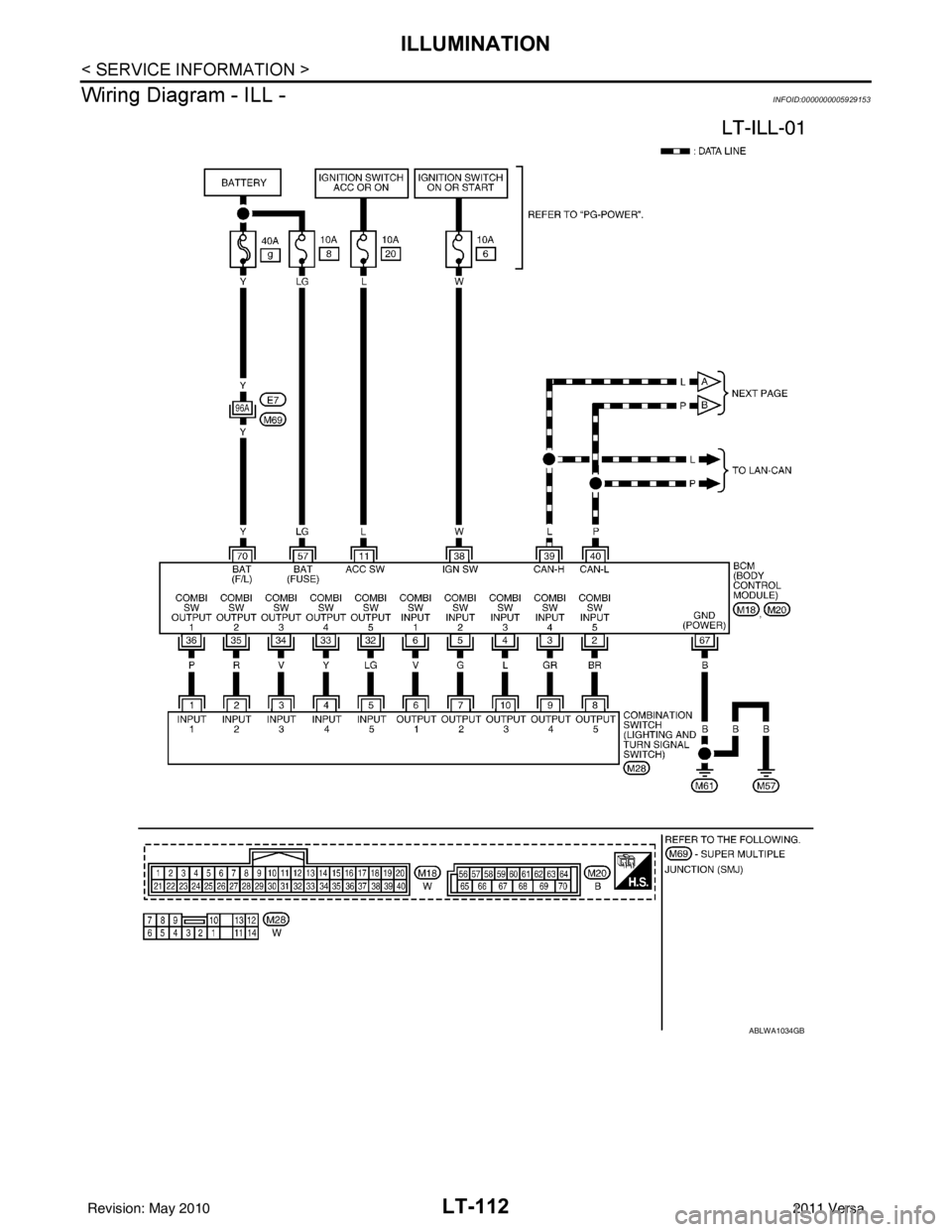 NISSAN TIIDA 2011  Service Repair Manual LT-112
< SERVICE INFORMATION >
ILLUMINATION
Wiring Diagram - ILL -
INFOID:0000000005929153
ABLWA1034GB
Revision: May 2010 2011 Versa 