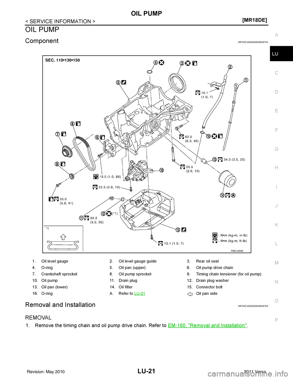 NISSAN TIIDA 2011  Service Repair Manual OIL PUMPLU-21
< SERVICE INFORMATION > [MR18DE]
C
D
E
F
G H
I
J
K L
M A
LU
NP
O
OIL PUMP
ComponentINFOID:0000000005928703
Removal and InstallationINFOID:0000000005928704
REMOVAL
1. Remove the timing ch