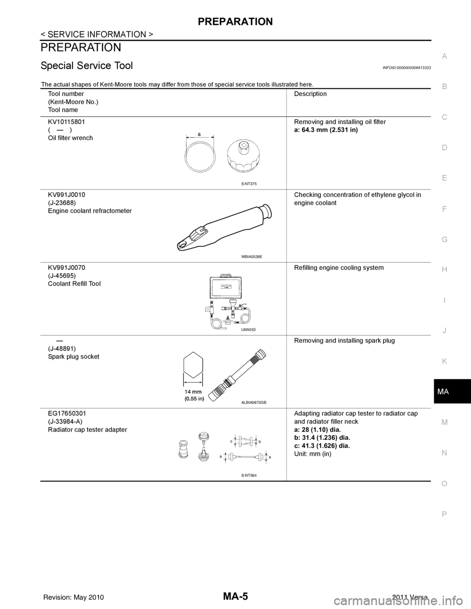 NISSAN TIIDA 2011  Service Repair Manual PREPARATIONMA-5
< SERVICE INFORMATION >
C
DE
F
G H
I
J
K
M A
B
MA
N
O P
PREPARATION
Special Service ToolINFOID:0000000006413333
The actual shapes of Kent-Moore tools may differ from those of special s