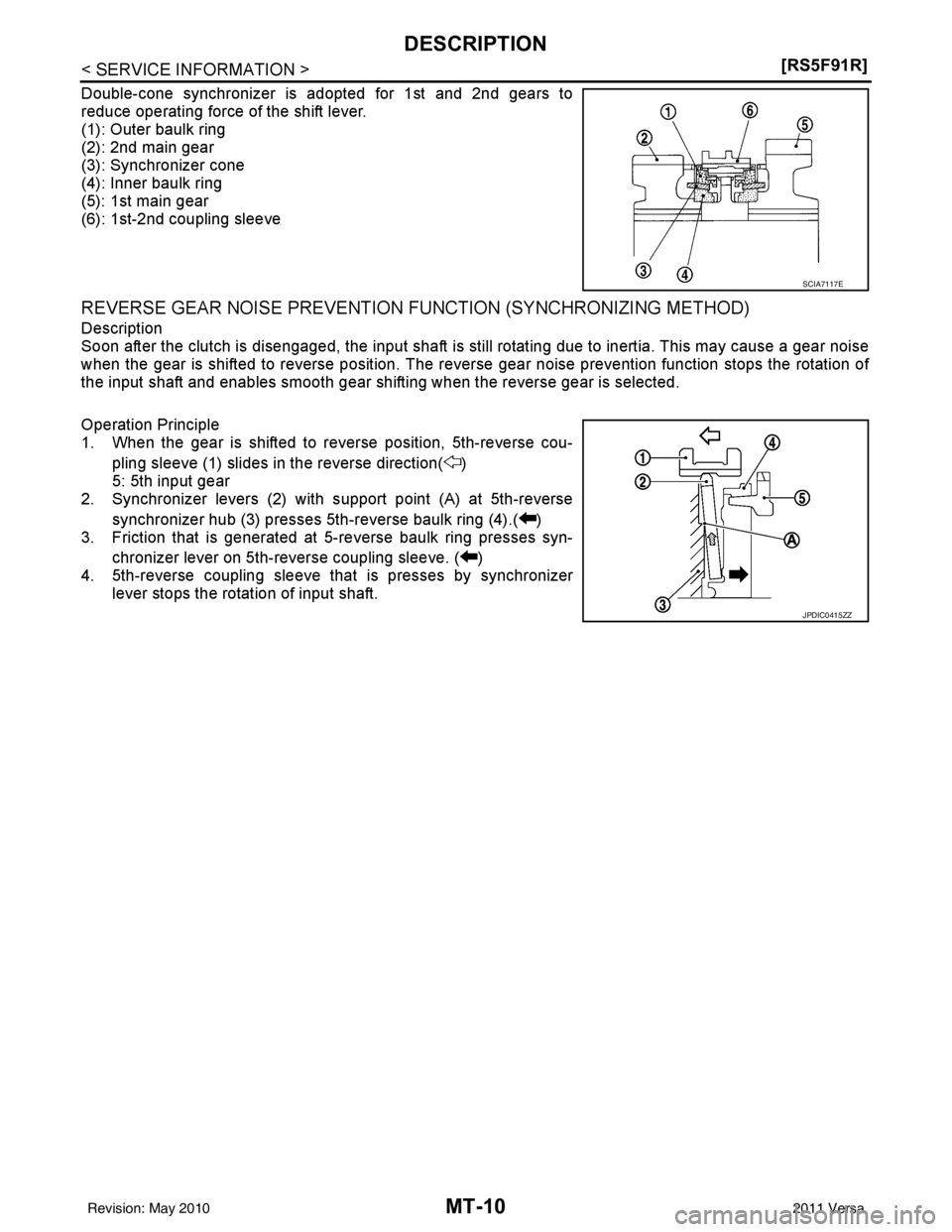 NISSAN TIIDA 2011  Service Repair Manual MT-10
< SERVICE INFORMATION >[RS5F91R]
DESCRIPTION
Double-cone synchronizer is adopted for 1st and 2nd gears to
reduce operating force of the shift lever.
(1): Outer baulk ring 
(2): 2nd main gear
(3)