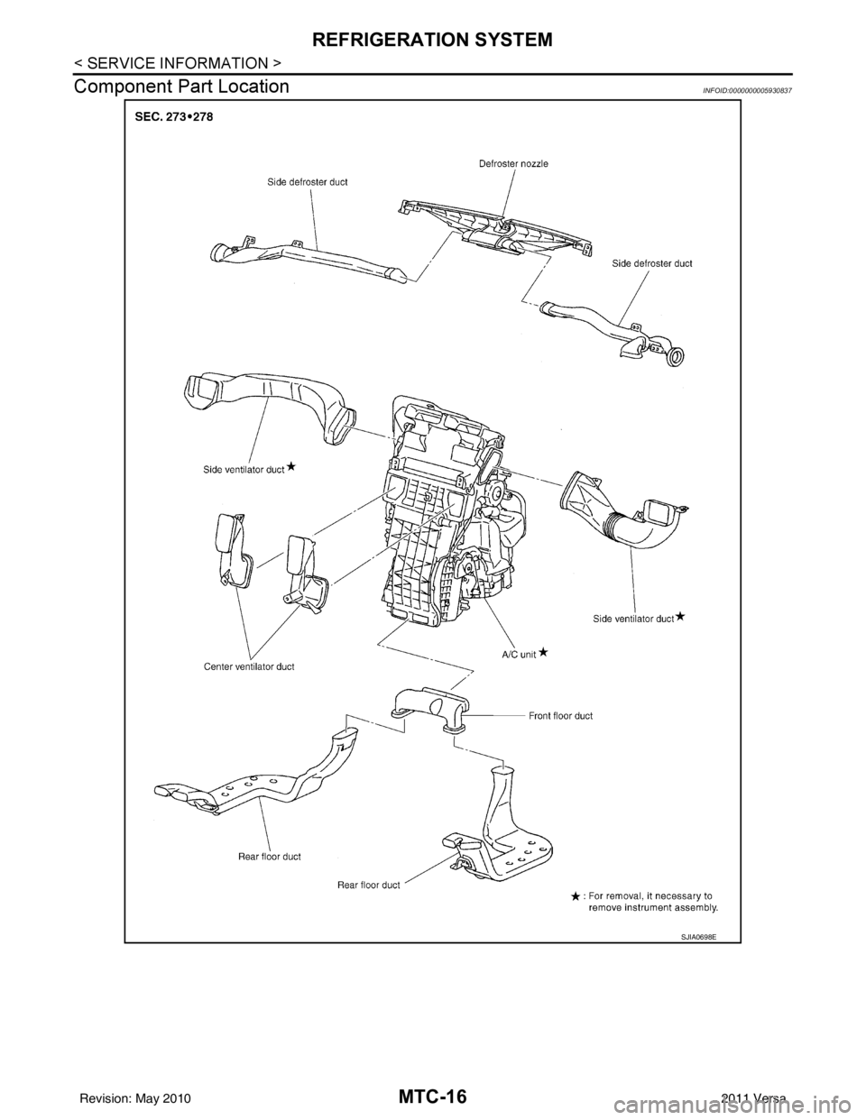 NISSAN TIIDA 2011  Service Repair Manual MTC-16
< SERVICE INFORMATION >
REFRIGERATION SYSTEM
Component Part Location
INFOID:0000000005930837
SJIA0698E
Revision: May 2010 2011 Versa 
