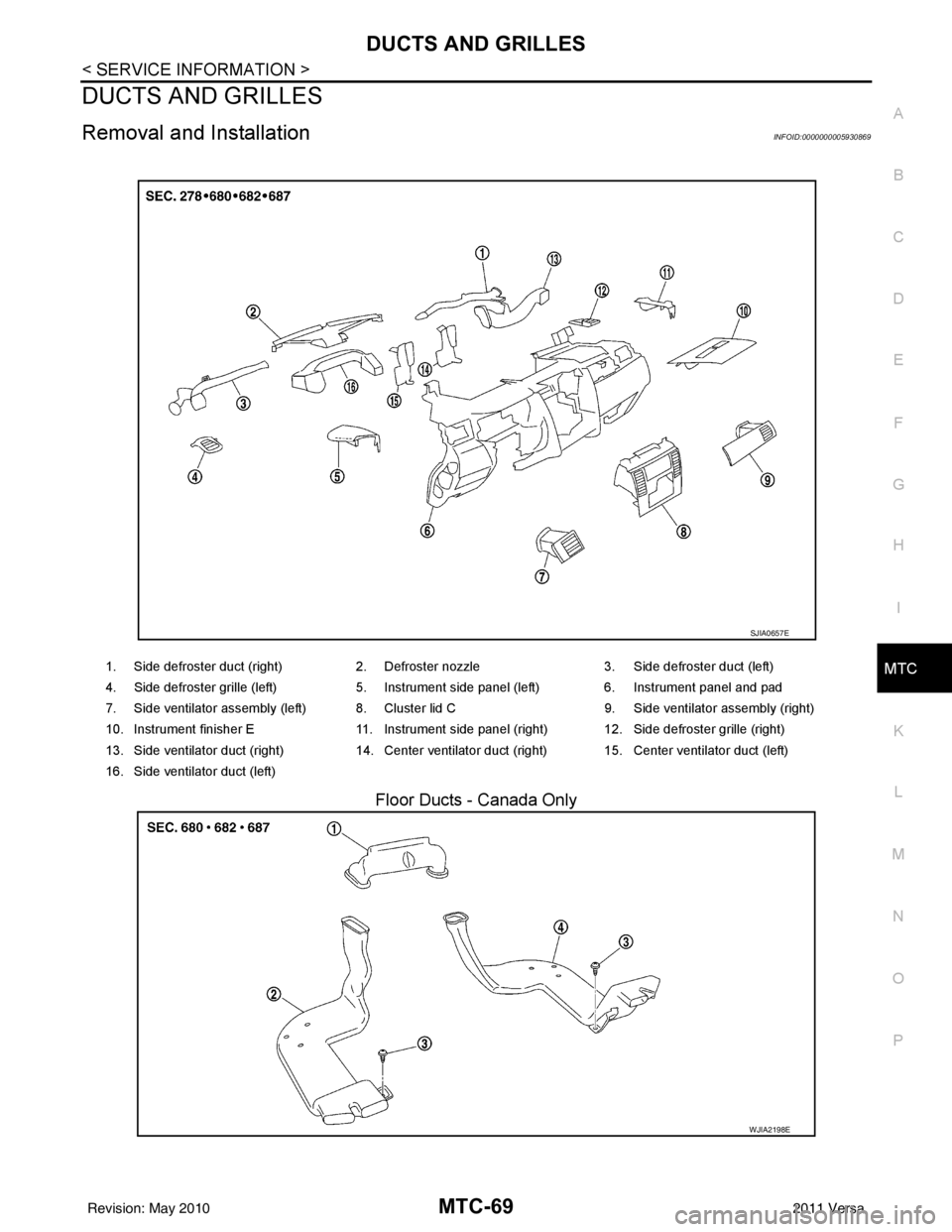 NISSAN TIIDA 2011  Service Repair Manual DUCTS AND GRILLESMTC-69
< SERVICE INFORMATION >
C
DE
F
G H
I
K L
M A
B
MTC
N
O P
DUCTS AND GRILLES
Removal and InstallationINFOID:0000000005930869
Floor Ducts - Canada Only
1. Side defroster duct (rig