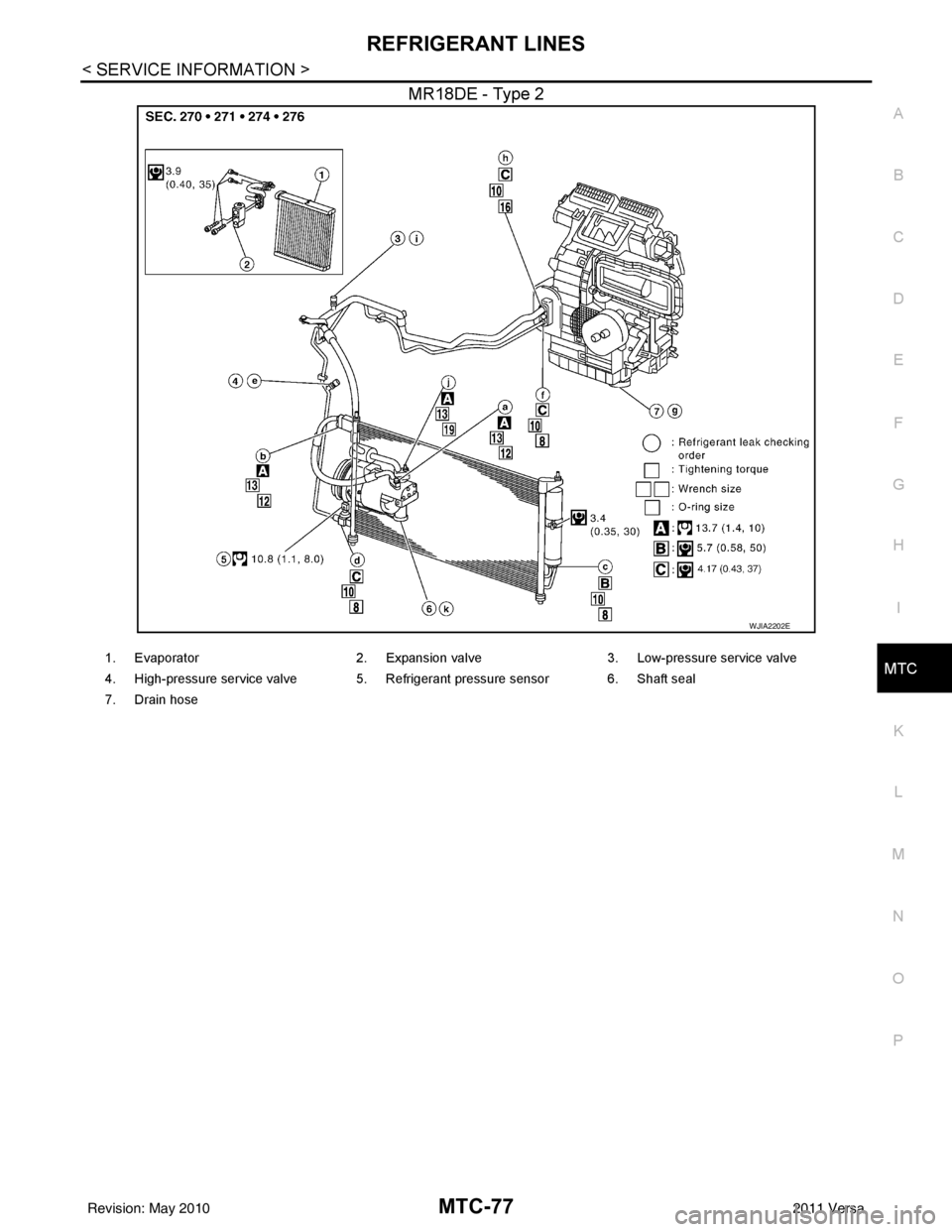 NISSAN TIIDA 2011  Service Repair Manual REFRIGERANT LINESMTC-77
< SERVICE INFORMATION >
C
DE
F
G H
I
K L
M A
B
MTC
N
O P
MR18DE - Type 2
WJIA2202E
1. Evaporator 2. Expansion valve3. Low-pressure service valve
4. High-pressure service valve 