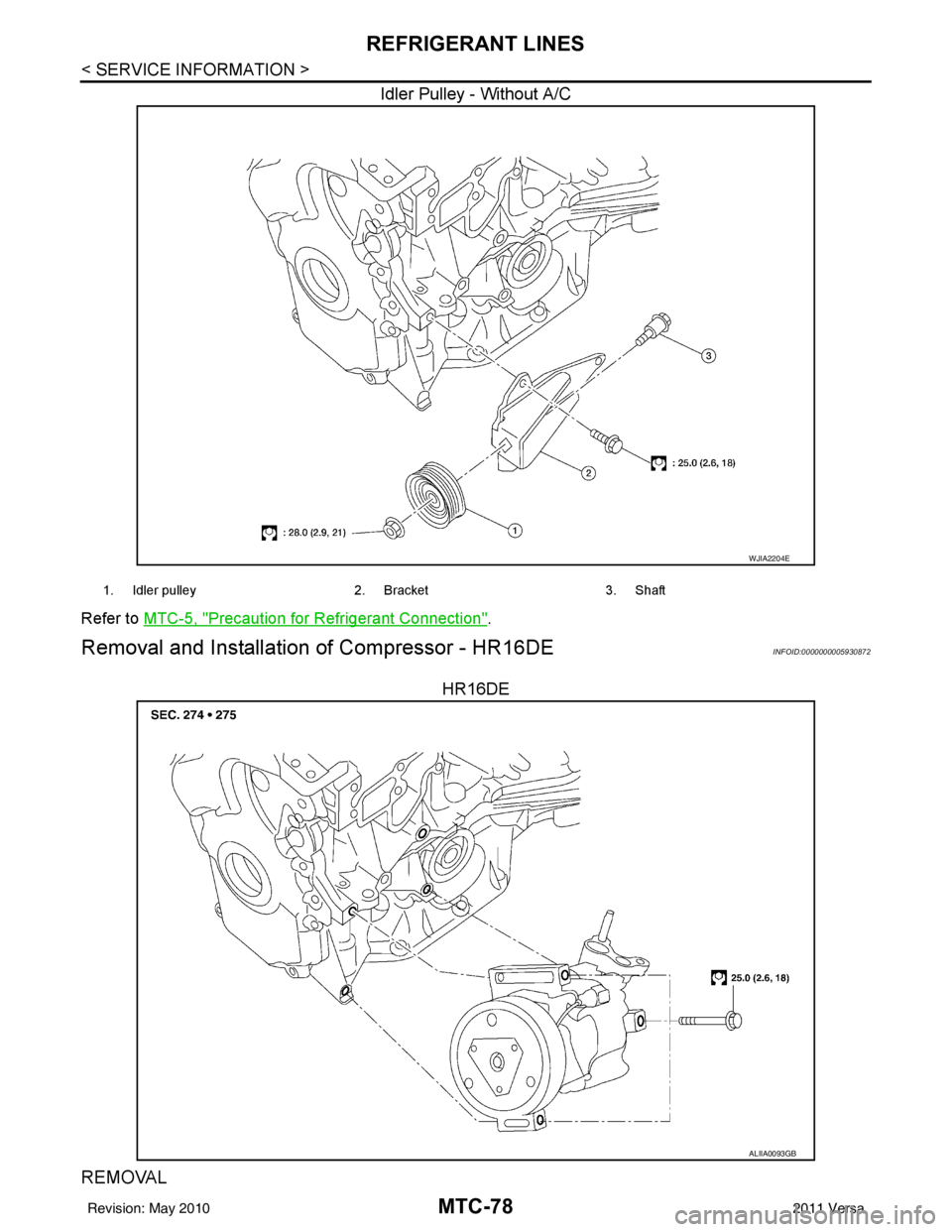 NISSAN TIIDA 2011  Service Repair Manual MTC-78
< SERVICE INFORMATION >
REFRIGERANT LINES
Idler Pulley - Without A/C
Refer to MTC-5, "Precaution for Refrigerant Connection".
Removal and Installation  of Compressor - HR16DEINFOID:000000000593