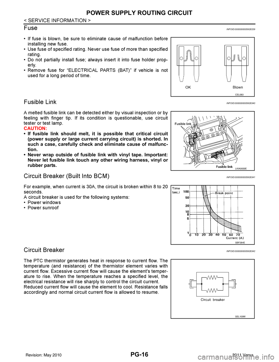 NISSAN TIIDA 2011 Service Repair Manual PG-16
< SERVICE INFORMATION >
POWER SUPPLY ROUTING CIRCUIT
Fuse
INFOID:0000000005928339
• If fuse is blown, be sure to eliminate cause of malfunction before installing new fuse.
• Use fuse of spec NISSAN TIIDA 2011 Service Repair Manual PG-16
< SERVICE INFORMATION >
POWER SUPPLY ROUTING CIRCUIT
Fuse
INFOID:0000000005928339
• If fuse is blown, be sure to eliminate cause of malfunction before installing new fuse.
• Use fuse of spec