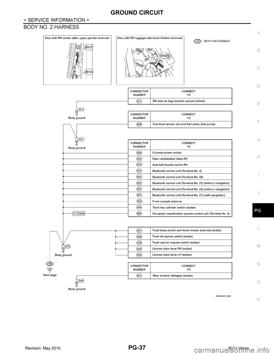 NISSAN TIIDA 2011  Service Repair Manual GROUND CIRCUITPG-37
< SERVICE INFORMATION >
C
DE
F
G H
I
J
L
M A
B
PG
N
O P
BODY NO. 2 HARNESS
ABMIA2315GB
Revision: May 2010 2011 Versa 