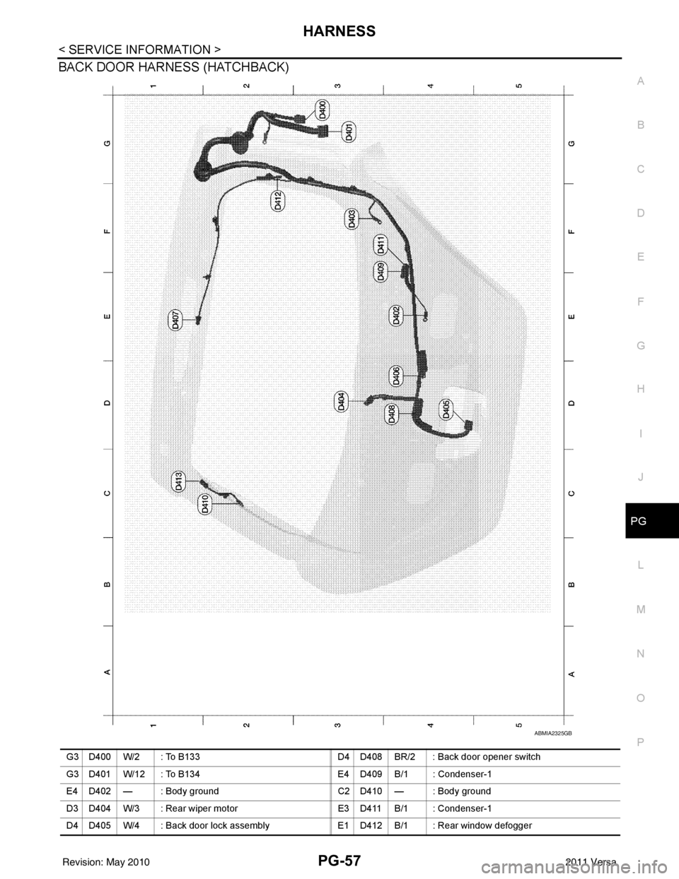 NISSAN TIIDA 2011  Service Repair Manual HARNESSPG-57
< SERVICE INFORMATION >
C
DE
F
G H
I
J
L
M A
B
PG
N
O P
BACK DOOR HARNESS (HATCHBACK)
ABMIA2325GB
G3 D400 W/2 : To B133 D4 D408 BR/2 : Back door opener switch
G3 D401 W/12 : To B134 E4 D4