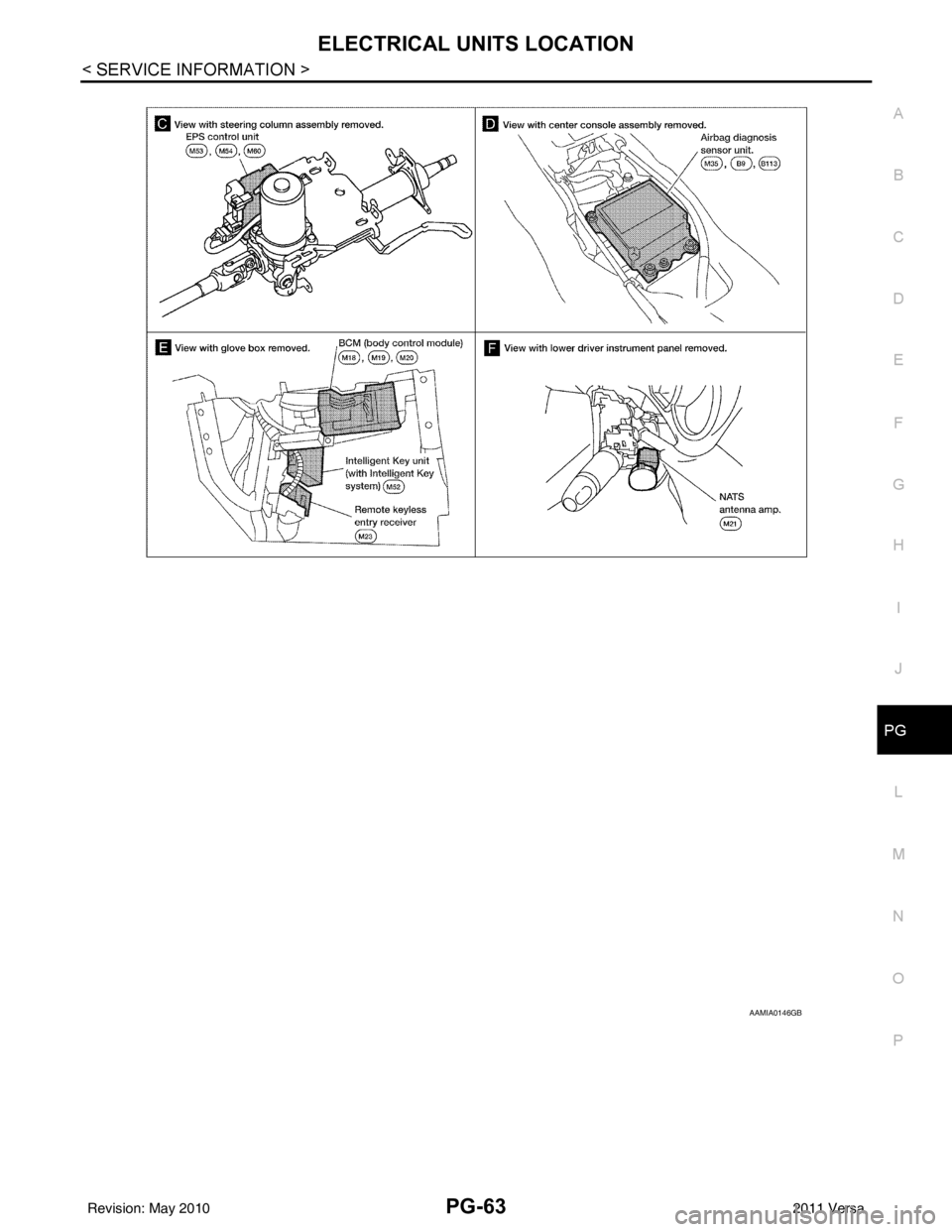 NISSAN TIIDA 2011  Service Repair Manual ELECTRICAL UNITS LOCATIONPG-63
< SERVICE INFORMATION >
C
DE
F
G H
I
J
L
M A
B
PG
N
O P
AAMIA0146GB
Revision: May 2010 2011 Versa 