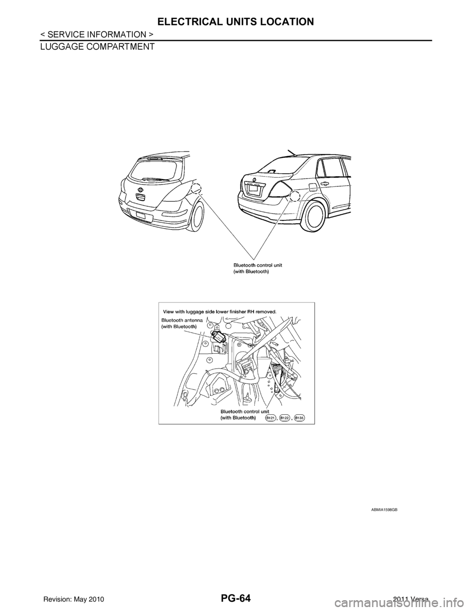 NISSAN TIIDA 2011  Service Repair Manual PG-64
< SERVICE INFORMATION >
ELECTRICAL UNITS LOCATION
LUGGAGE COMPARTMENT
ABMIA1598GB
Revision: May 20102011 Versa 