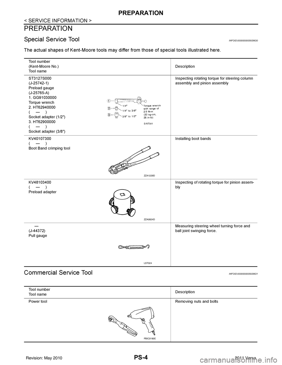 NISSAN TIIDA 2011  Service Repair Manual PS-4
< SERVICE INFORMATION >
PREPARATION
PREPARATION
Special Service ToolINFOID:0000000005929630
The actual shapes of Kent-Moore tools may differ from thos e of special tools illustrated here.
Commerc