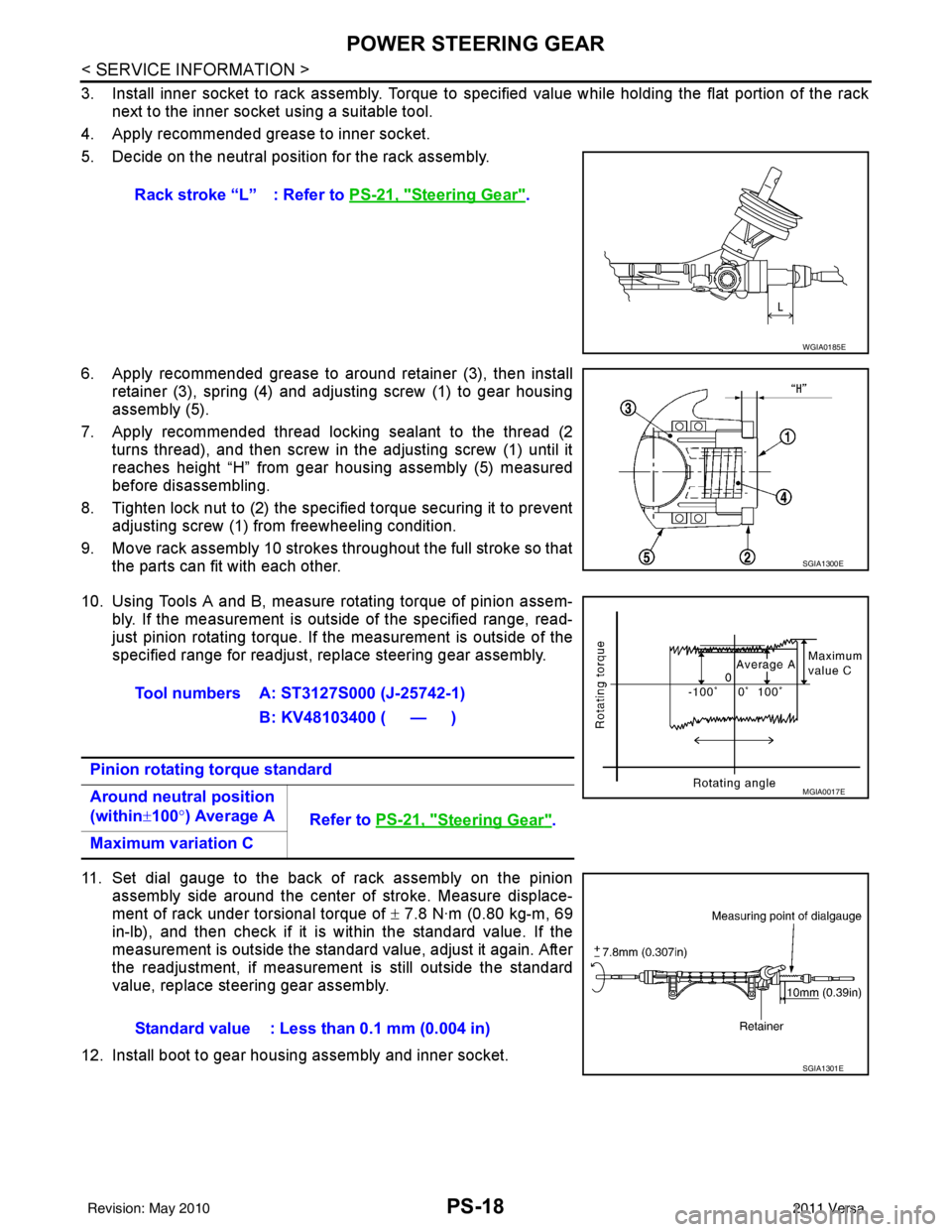 NISSAN TIIDA 2011  Service Repair Manual PS-18
< SERVICE INFORMATION >
POWER STEERING GEAR
3. Install inner socket to rack assembly. Torque to specified value while holding the flat portion of the racknext to the inner socket using a suitabl