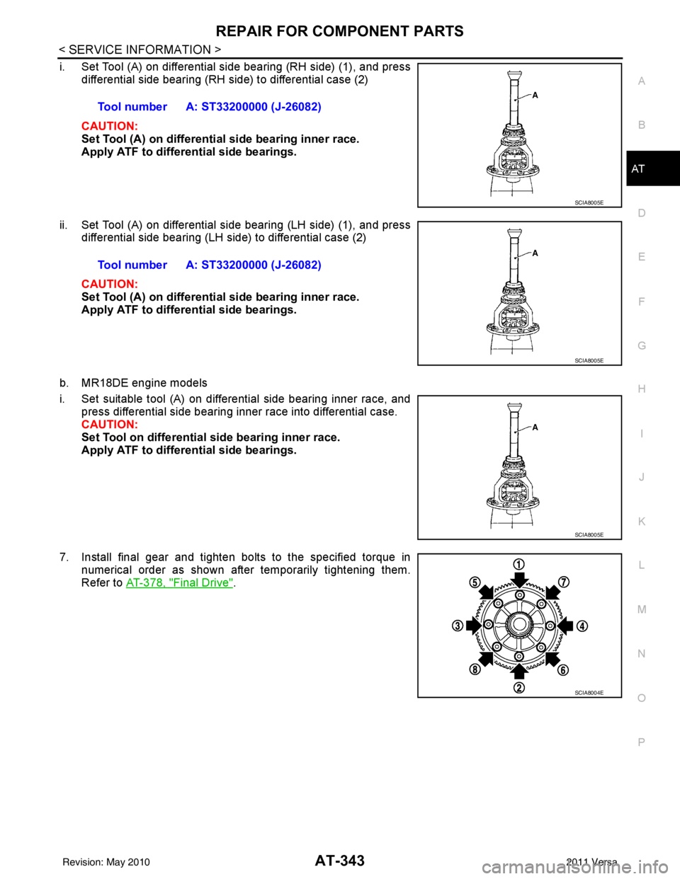 NISSAN TIIDA 2011  Service Repair Manual REPAIR FOR COMPONENT PARTSAT-343
< SERVICE INFORMATION >
DE
F
G H
I
J
K L
M A
B
AT
N
O P
i. Set Tool (A) on differential side bearing (RH side) (1), and press differential side bearing (RH side) to di