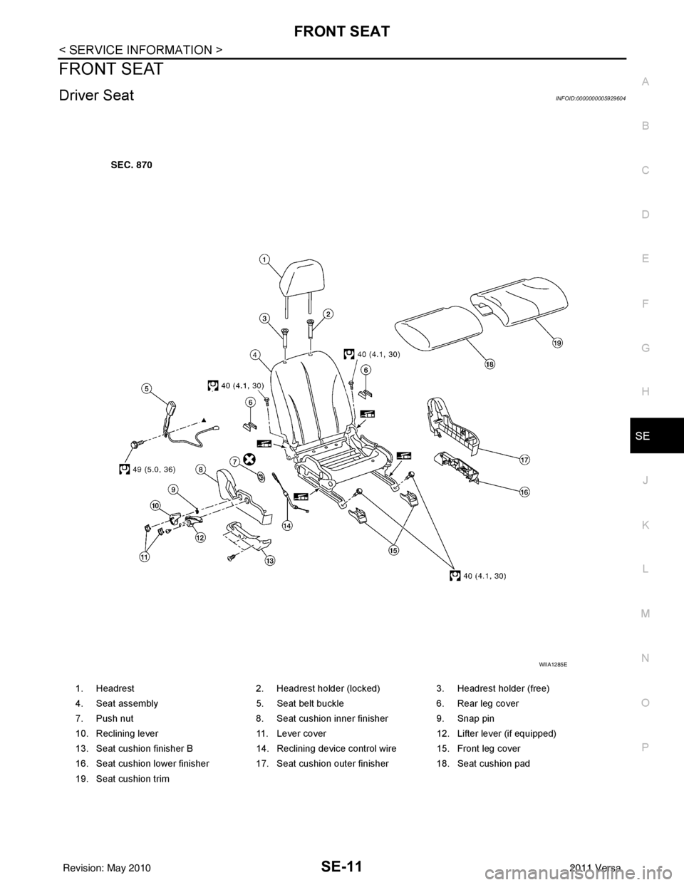 NISSAN TIIDA 2011  Service Repair Manual FRONT SEATSE-11
< SERVICE INFORMATION >
C
DE
F
G H
J
K L
M A
B
SE
N
O P
FRONT SEAT
Driver SeatINFOID:0000000005929604
1. Headrest 2. Headrest holder (locked)3. Headrest holder (free)
4. Seat assembly 
