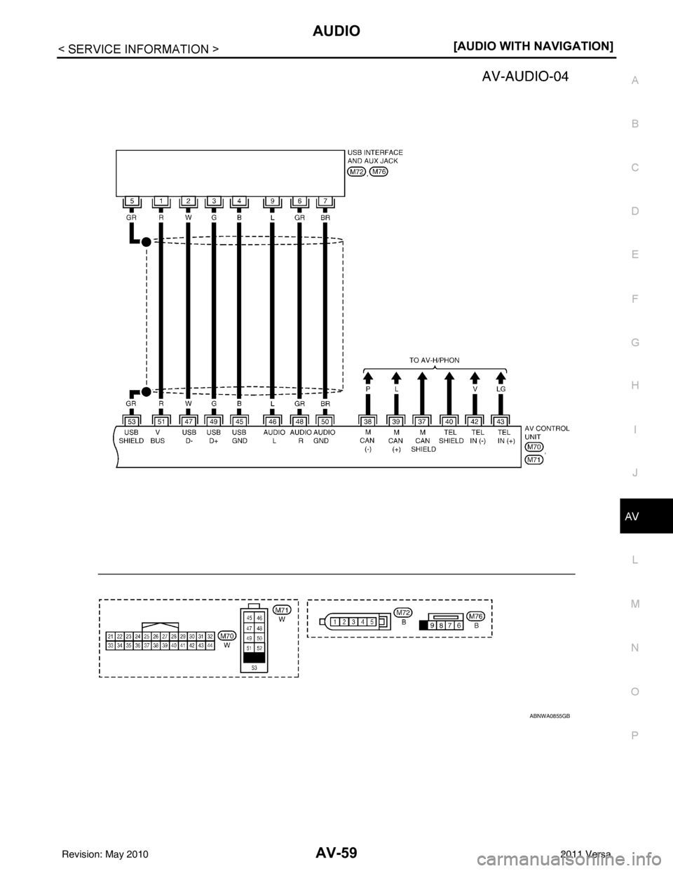 NISSAN TIIDA 2011  Service Repair Manual AUDIOAV-59
< SERVICE INFORMATION > [AUDIO WITH NAVIGATION]
C
D
E
F
G H
I
J
L
M A
B
AV
N
O P
ABNWA0855GB
Revision: May 2010 2011 Versa 
