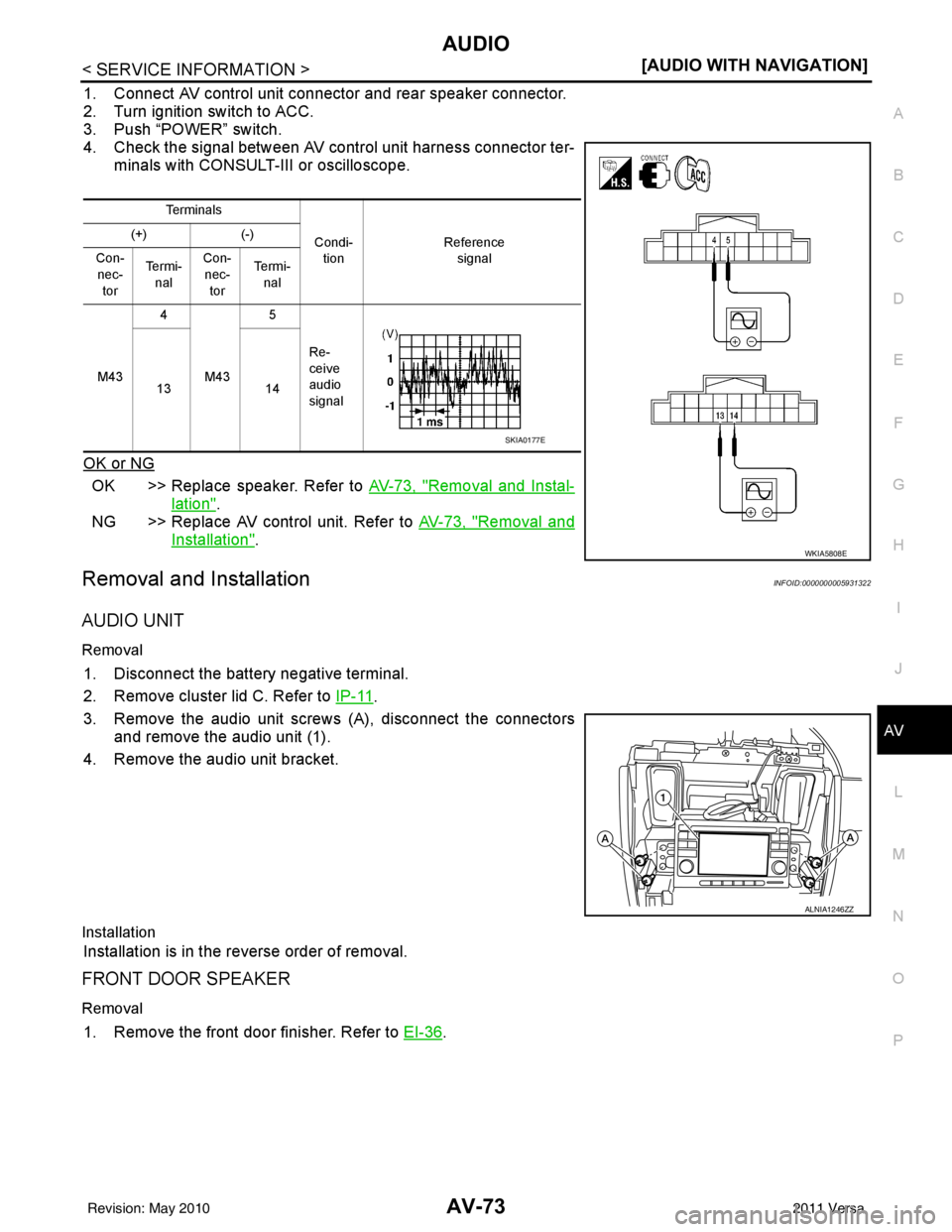 NISSAN TIIDA 2011  Service Repair Manual AUDIOAV-73
< SERVICE INFORMATION > [AUDIO WITH NAVIGATION]
C
D
E
F
G H
I
J
L
M A
B
AV
N
O P
1. Connect AV control unit connector and rear speaker connector.
2. Turn ignition switch to ACC.
3. Push “