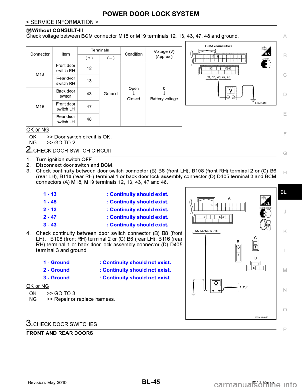 NISSAN TIIDA 2011 Service Repair Manual POWER DOOR LOCK SYSTEMBL-45
< SERVICE INFORMATION >
C
DE
F
G H
J
K L
M A
B
BL
N
O P
Without CONSULT-III
Check voltage between BCM connector M18 or M19 terminals 12, 13, 43, 47, 48 and ground.
OK or NG NISSAN TIIDA 2011 Service Repair Manual POWER DOOR LOCK SYSTEMBL-45
< SERVICE INFORMATION >
C
DE
F
G H
J
K L
M A
B
BL
N
O P
Without CONSULT-III
Check voltage between BCM connector M18 or M19 terminals 12, 13, 43, 47, 48 and ground.
OK or NG
