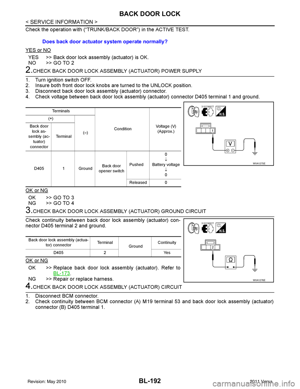 NISSAN TIIDA 2011  Service Repair Manual BL-192
< SERVICE INFORMATION >
BACK DOOR LOCK
Check the operation with (“TRUNK/BACK DOOR”) in the ACTIVE TEST.
YES or NO
YES >> Back door lock assembly (actuator) is OK.
NO >> GO TO 2
2.CHECK BACK