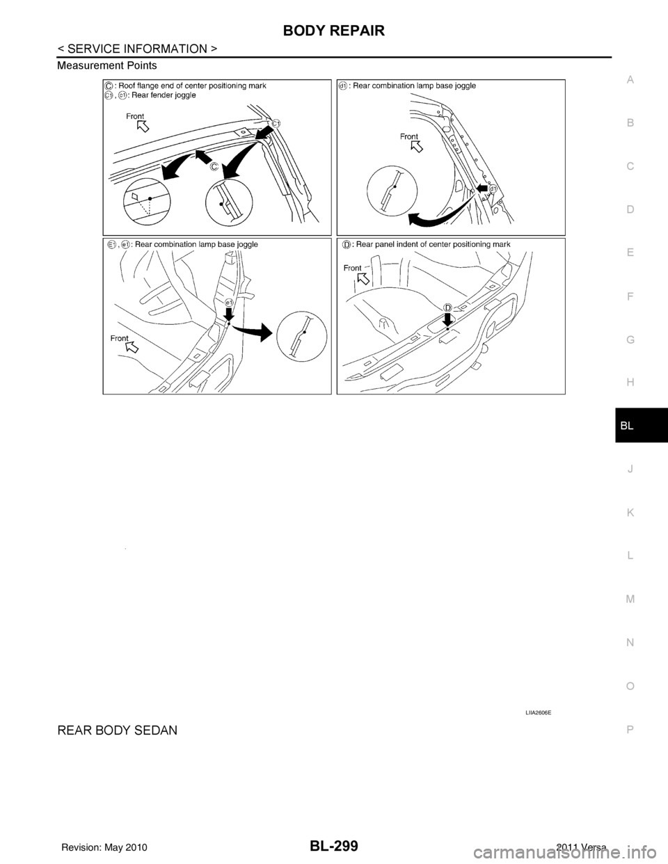 NISSAN TIIDA 2011  Service Repair Manual BODY REPAIRBL-299
< SERVICE INFORMATION >
C
DE
F
G H
J
K L
M A
B
BL
N
O P
Measurement Points
REAR BODY SEDAN
LIIA2606E
Revision: May 2010
2011 Versa 