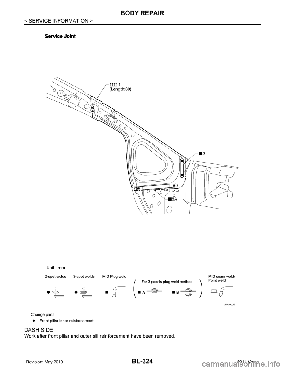 NISSAN TIIDA 2011  Service Repair Manual BL-324
< SERVICE INFORMATION >
BODY REPAIR
DASH SIDE
Work after front pillar and outer sill reinforcement have been removed.
Change parts�z Front pillar inne r reinforcement
LIIA2900E
Revision: May 20