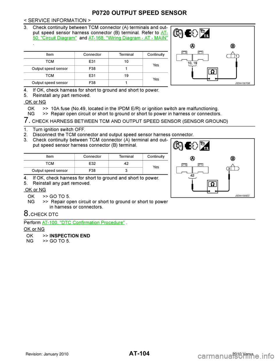 NISSAN TIIDA 2010 Service Repair Manual AT-104
< SERVICE INFORMATION >
P0720 OUTPUT SPEED SENSOR
3. Check continuity between TCM connector (A) terminals and out-put speed sensor harness connector (B) terminal. Refer to AT-
50, "Circuit Dia NISSAN TIIDA 2010 Service Repair Manual AT-104
< SERVICE INFORMATION >
P0720 OUTPUT SPEED SENSOR
3. Check continuity between TCM connector (A) terminals and out-put speed sensor harness connector (B) terminal. Refer to AT-
50, "Circuit Dia