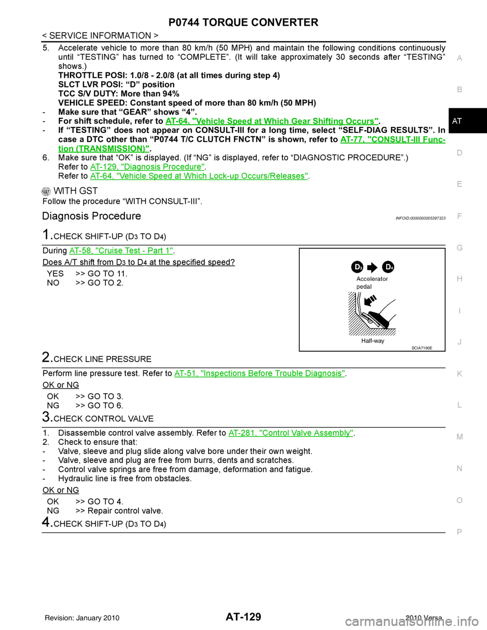 NISSAN TIIDA 2010  Service Repair Manual P0744 TORQUE CONVERTERAT-129
< SERVICE INFORMATION >
DE
F
G H
I
J
K L
M A
B
AT
N
O P
5. Accelerate vehicle to more than 80 km/h (50 MPH) and maintain the following conditions continuously until “TES