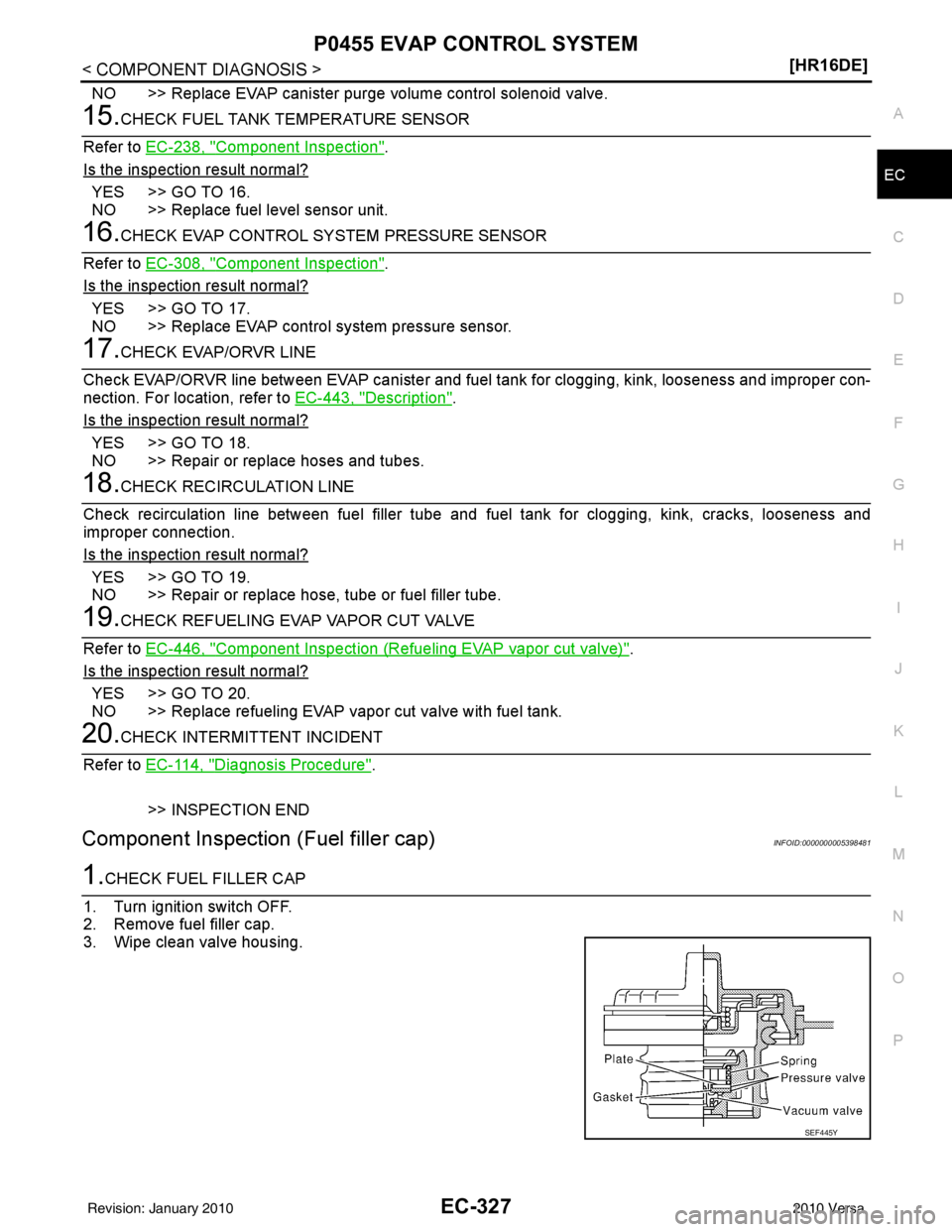 NISSAN TIIDA 2010  Service Repair Manual P0455 EVAP CONTROL SYSTEMEC-327
< COMPONENT DIAGNOSIS > [HR16DE]
C
D
E
F
G H
I
J
K L
M A
EC
NP
O
NO >> Replace EVAP canister purge volume control solenoid valve.
15.CHECK FUEL TANK TEMPERATURE SENSOR
