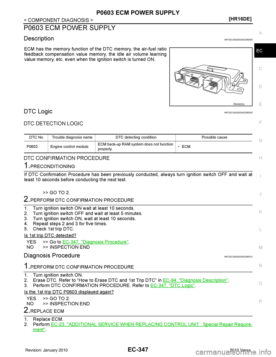NISSAN TIIDA 2010  Service Repair Manual P0603 ECM POWER SUPPLYEC-347
< COMPONENT DIAGNOSIS > [HR16DE]
C
D
E
F
G H
I
J
K L
M A
EC
NP
O
P0603 ECM POWER SUPPLY
DescriptionINFOID:0000000005398508
ECM has the memory function of the DTC memory, t