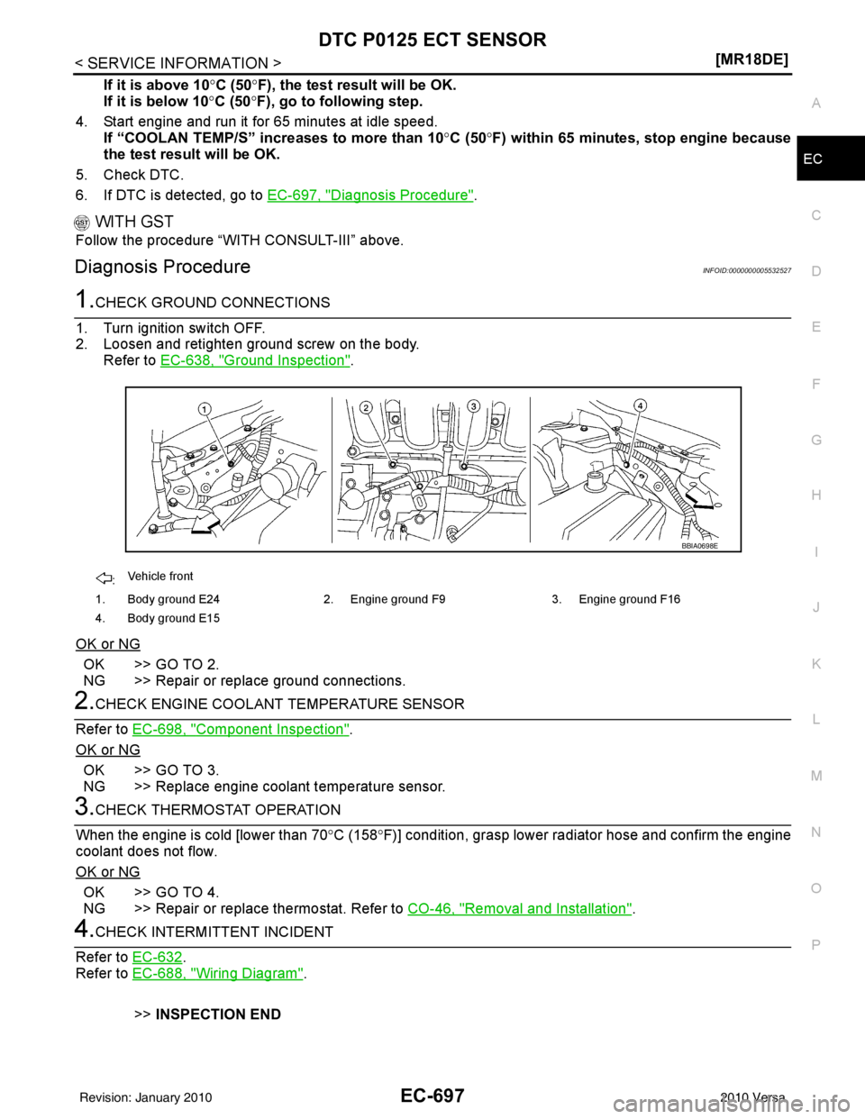 NISSAN TIIDA 2010  Service Repair Manual DTC P0125 ECT SENSOREC-697
< SERVICE INFORMATION > [MR18DE]
C
D
E
F
G H
I
J
K L
M A
EC
NP
O
If it is above 10°
C (50°F), the test result will be OK.
If it is below 10 °C (50° F), go to following s