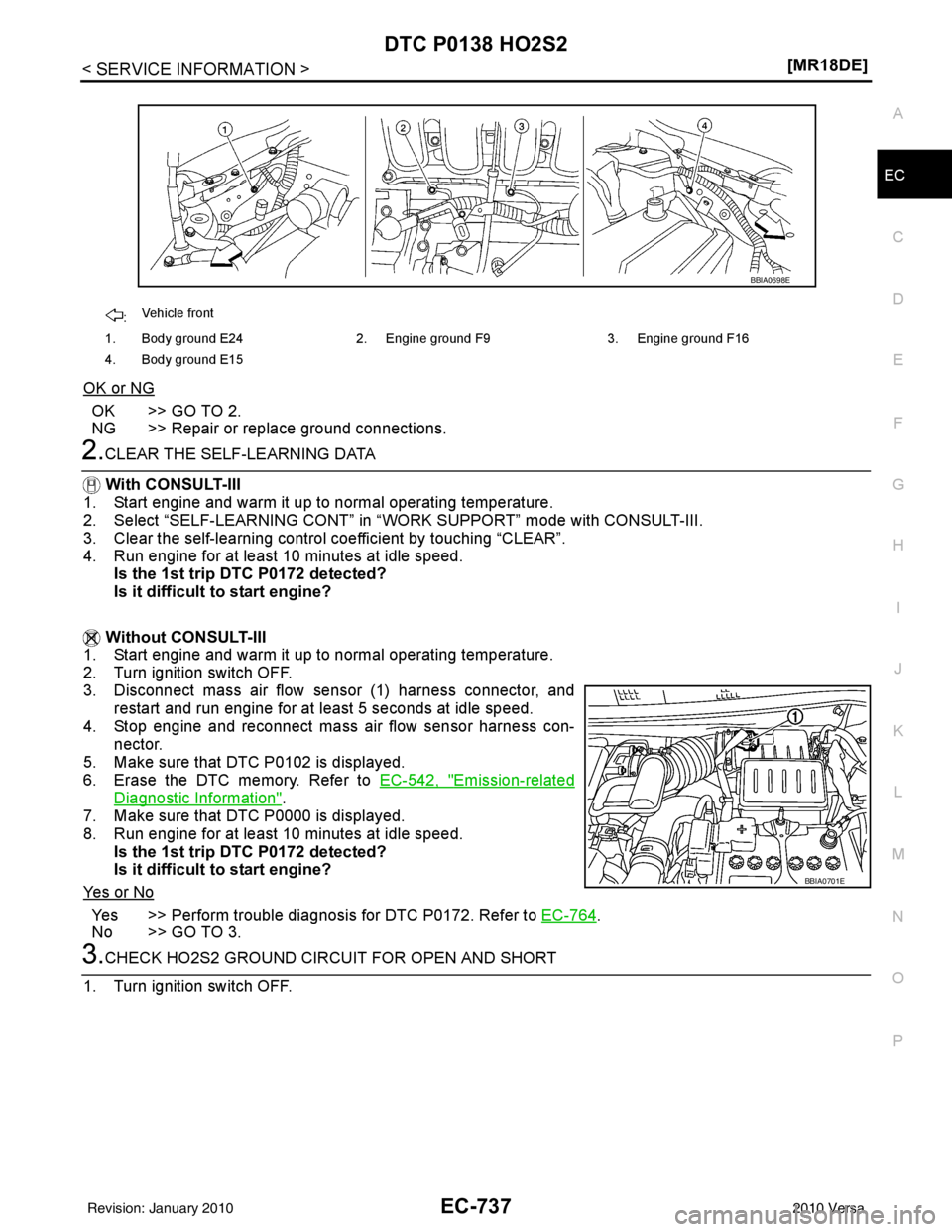 NISSAN TIIDA 2010  Service Repair Manual DTC P0138 HO2S2EC-737
< SERVICE INFORMATION > [MR18DE]
C
D
E
F
G H
I
J
K L
M A
EC
NP
O
OK or NG
OK >> GO TO 2.
NG >> Repair or replace ground connections.
2.CLEAR THE SELF-LEARNING DATA
  With CONSULT