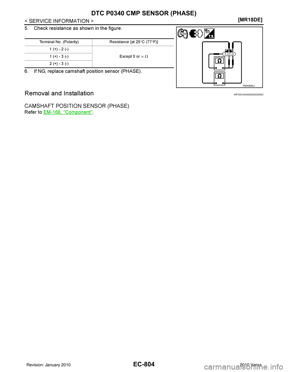 NISSAN TIIDA 2010  Service Repair Manual EC-804
< SERVICE INFORMATION >[MR18DE]
DTC P0340 CMP SENSOR (PHASE)
5. Check resistance as shown in the figure.
6. If NG, replace camshaft position sensor (PHASE).
Removal and InstallationINFOID:00000