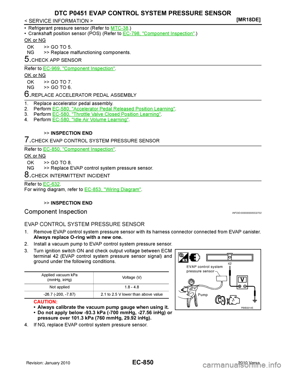 NISSAN TIIDA 2010  Service Repair Manual EC-850
< SERVICE INFORMATION >[MR18DE]
DTC P0451 EVAP CONTROL 
SYSTEM PRESSURE SENSOR
• Refrigerant pressure sensor (Refer to  MTC-38.)
• Crankshaft position sensor (POS) (Refer to  EC-798, "
Comp