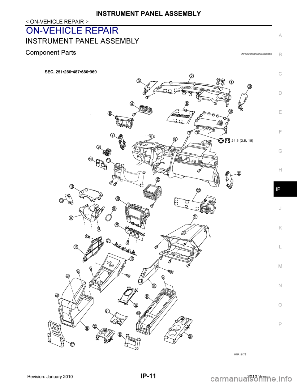 NISSAN TIIDA 2010  Service Repair Manual INSTRUMENT PANEL ASSEMBLYIP-11
< ON-VEHICLE REPAIR >
C
DE
F
G H
J
K L
M A
B
IP
N
O P
ON-VEHICLE REPAIR
INSTRUMENT PANEL ASSEMBLY
Component PartsINFOID:0000000005396856
WIIA1217E
Revision: January 2010