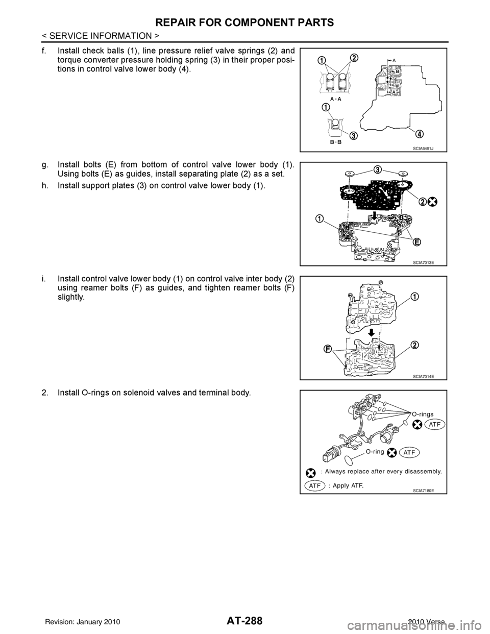 NISSAN TIIDA 2010  Service Repair Manual AT-288
< SERVICE INFORMATION >
REPAIR FOR COMPONENT PARTS
f. Install check balls (1), line pressure relief valve springs (2) andtorque converter pressure holding  spring (3) in their proper posi-
tion
