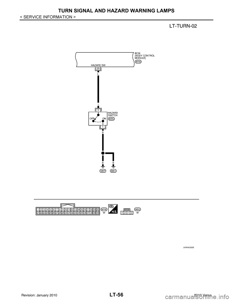 NISSAN TIIDA 2010  Service Repair Manual LT-56
< SERVICE INFORMATION >
TURN SIGNAL AND HAZARD WARNING LAMPS
LKWA0330E
Revision: January 20102010 Versa 