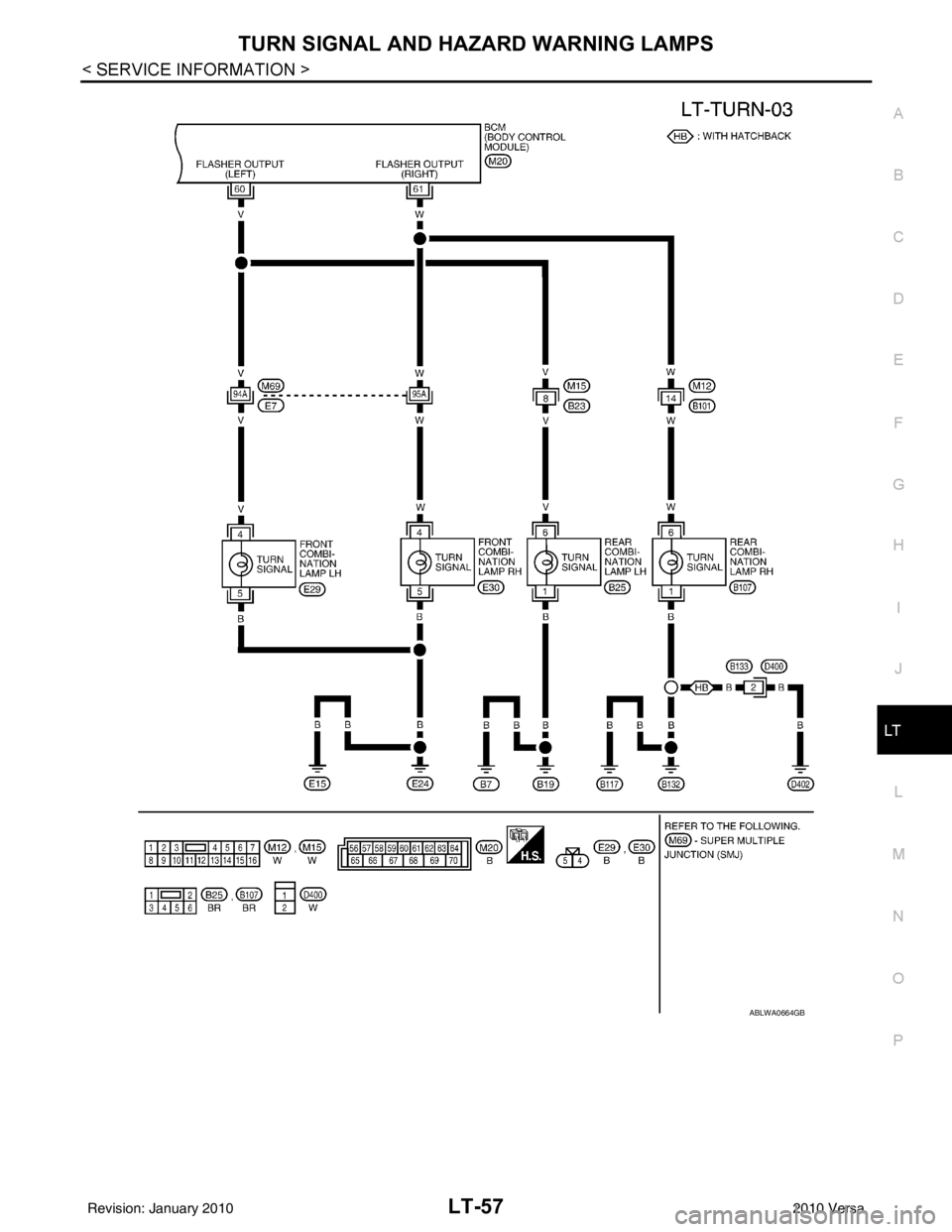 NISSAN TIIDA 2010  Service Repair Manual TURN SIGNAL AND HAZARD WARNING LAMPSLT-57
< SERVICE INFORMATION >
C
DE
F
G H
I
J
L
M A
B
LT
N
O P
ABLWA0664GB
Revision: January 20102010 Versa 