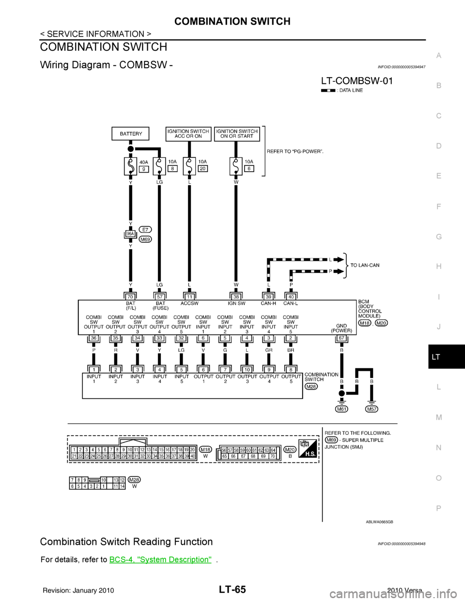 NISSAN TIIDA 2010  Service Repair Manual COMBINATION SWITCHLT-65
< SERVICE INFORMATION >
C
DE
F
G H
I
J
L
M A
B
LT
N
O P
COMBINATION SWITCH
Wiring Diagram - COMBSW -INFOID:0000000005394947
Combination Switch Reading FunctionINFOID:0000000005